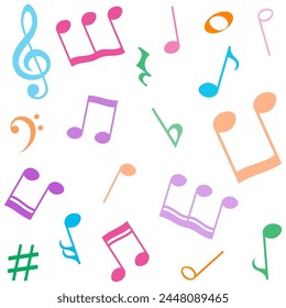 Music notes colorful background, musical pattern, vector illustration.