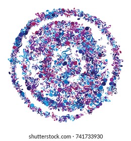 Music Notes Confetti. Blue, Purple Flying Music Notes, Round Ornament, Spiral. Concert, Disco or Party Festive Background. Celebration Design Element. Music Poster, Ads Banner, Cool Button Decoration.