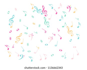 Notas Musicales Confeti Caída de Caos Vector. Símbolos de música Abstractas Póster Elementos de fondo. Vector Border, Melody Trail, Celebration Night o Concert Notes. Moderno Funky Sheets Chaos Texture.