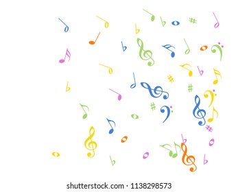 Music Notes Confetti Falling Chaos Vector. Abstract Music Symbols Poster Background Elements. Party Night, Festival, Melody Notes Trail, Celebration or Concert. Decorative Sheets Chaos Effect.