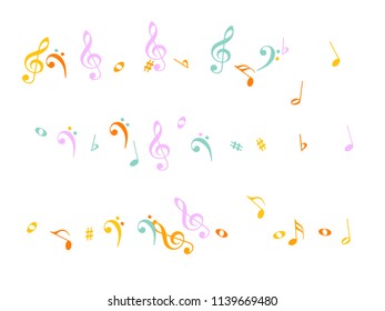 Music Notes Confetti Falling Chaos Vector. Nice Poster Background Elements with Music Symbols. Vector Border, Melody Trail, Celebration Night or Concert Notes. Decorative Sheets Chaos Pattern.