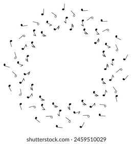 Music notes confetti, musical background with black symbols in round flow, vector illustration.