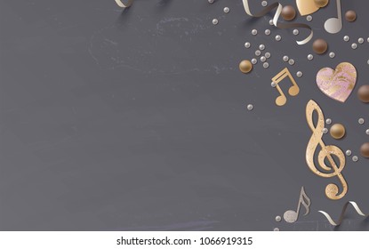 Music notes and confetti on shabby background. Top view. Vector illustration