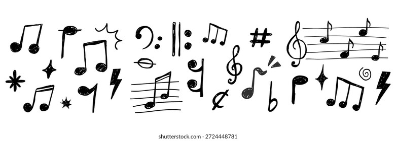 Musik Noten Buntstift Kreide Bleistiftelemente in Skizze Stil nahtlose Rahmen. Grunge-Textur. Whimsical Musik-Symbole, Zeichen Design-Element. 
