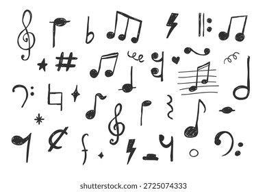 Notas musicales Elementos de lápiz de tiza de crayón en estilo sketch. Textura grunge. Símbolos musicales caprichosos, elementos de diseño de signos. Borde 