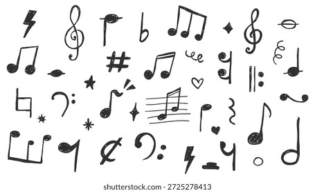 Notas musicais giz de giz de giz elementos em estilo de esboço. Textura grunge. Símbolos musicais extravagantes, sinais elemento de design. Borda 