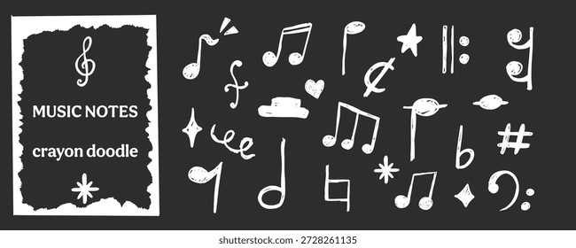 Music notes crayon chalk pencil elements set on dark background in sketch style. Back to school grunge texture. Whimsical music symbols, signs design element. Border 