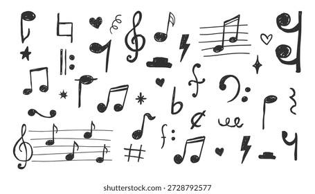 Musik Noten Buntstift Kreide Bleistift Elemente in Skizze Stil. Grunge-Textur. Whimsical Musik-Symbole, Zeichen Design-Element. Rahmen 