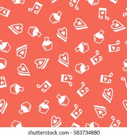 Music Notes, Cupcake and Heart Shapes Seamless Pattern