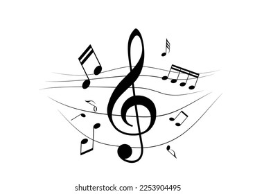 Music notes with curves, swirls vector illustration. Melody element design background with sound key.