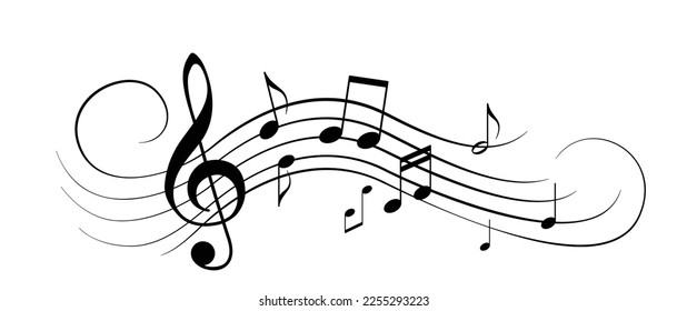 Music notes with curves, swirls vector illustration. Melody element design background with sound key.