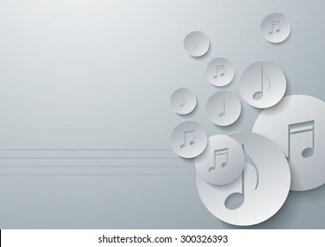 Music Notes Cut in Paper Circles Background, Vector Illustration