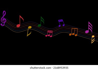 Music notes.
Dark music background.
Colorful abstract music notes on line wave background.
