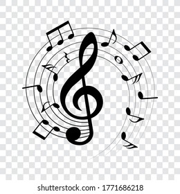 Music notes design element, music notes on stave around the treble clef, isolated vector illustration.