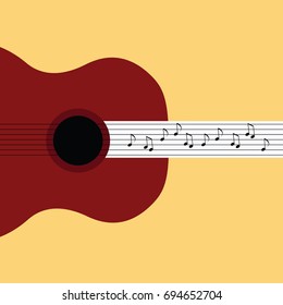 music notes details on the neck or on the strings of acoustic, old & classic wooden guitar cartoon vector isolated flat design light background like a lines & rows. show & beautiful tune for print