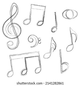 Music notes, doodle style, hand drawn musical symbols, vector illustration.
