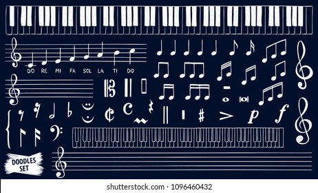 Music notes doodles set. Piano keys sketch. Treble clef. Hand drawn detailed sketch. G-clef. Music notes. Audio. Song. Scribbles collection. Scrawl. Piano. Organ. Symphony. Melody. Classic music.