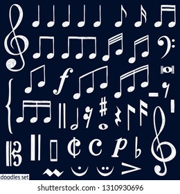 Music notes doodles set.  Treble clef. Hand drawn detailed sketch. G-clef. Scribbles collection. Piano. Organ. Symphony. Melody. Classic music.