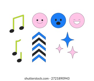 Notas de música, emojis y chevron brillan en el conjunto de objetos de dibujos animados 2D. Canción, emoción. Diversión y creatividad en medios digitales Elementos aislados artes planas del Clip del Vector en blanco. Colección de ilustraciones de punto