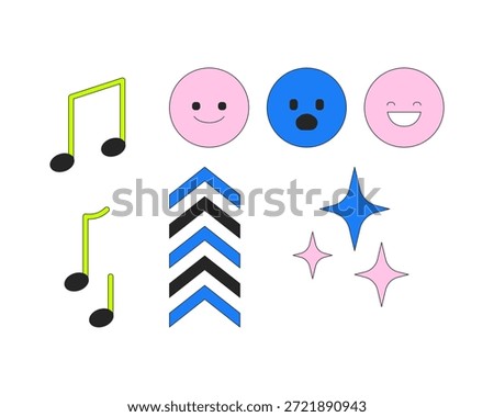 Music notes, emojis and chevron sparkles 2D cartoon objects set. Song, emotion. Fun and creativity in digital media isolated elements flat vector clip arts on white. Spot illustrations collection