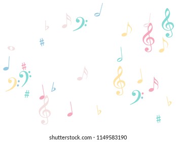 Music Notes Falling Down Vector Confetti. Music Symbols Texture Poster Background Elements. Vector Border, Melody Trail, Dancing Party Night or Concert Notes. Decorative Sheets Chaos Icons.