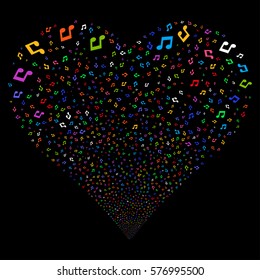 Music Notes fireworks with heart shape. Vector illustration style is flat bright multicolored iconic symbols on a black background. Object heart made from random design elements.