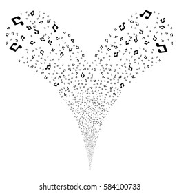 Music Notes fireworks stream. Vector illustration style is flat black iconic symbols on a white background. Object double fountain constructed from random design elements.