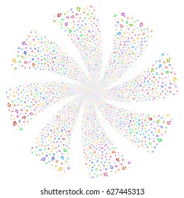 Music Notes fireworks swirl rotation. Vector illustration style is flat bright multicolored iconic symbols on a white background. Object twirl made from random icons.