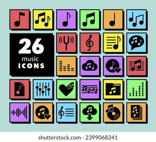 Music notes flat vector isolated neo-brutalism icons set. Graph symbol for music and sound web site and apps design, logo, app, UI