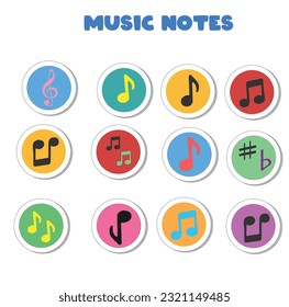 Music notes flat vector set isolated on black and white background. Song, melody or tune vector illustration. Music note icon for musical apps and websites. Music symbol. Music pentagram.