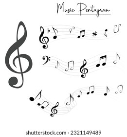 Music notes flat vector set isolated on black and white background. Song, melody or tune vector illustration. Music note icon for musical apps and websites. Music symbol. Music pentagram.