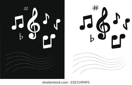 Music notes flat vector set isolated on black and white background. Song, melody or tune vector illustration. Music note icon for musical apps and websites. Music symbol. Music pentagram.