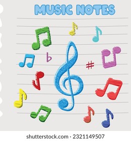 Music notes flat vector set isolated on black and white background. Song, melody or tune vector illustration. Music note icon for musical apps and websites. Music symbol. Music pentagram.