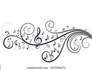 Music notes with floral waves isolated in white.