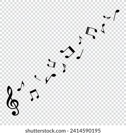 Music notes flow, black symbols, isolated, vector illustration.