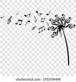 Music notes flower, dandelion with flying musical symbols, vector illustration.