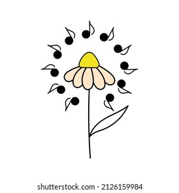 Music notes and flower. Hand drawn musical concept. Vector logo, poster and other,