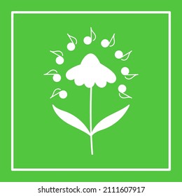 Notas musicales y flor de fondo verde. Concepto musical dibujado a mano. Logo vectorial, afiche y otros