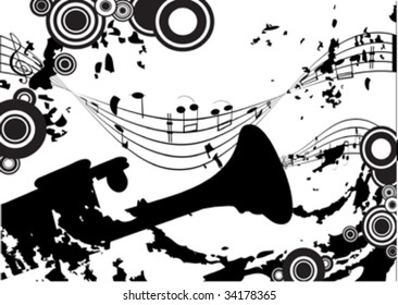 music notes flowing form a trumpet play