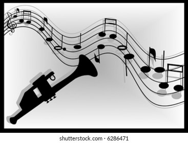 music notes flowing form a trumpet play