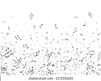 Music notes flying abstract vector musical background. Music symbols flying, musical notation. Isolated notes symbols.