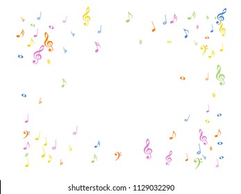 Music Notes Flying Chaos Vector Confetti. Music Symbols Texture Poster Background Elements. Vector Border, Melody Trail, Dancing Party Night or Festival Notes. Decorative Sheets Chaos Effect.