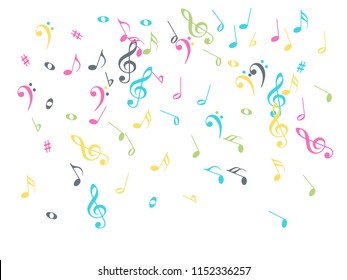 Music Notes Flying Chaos Vector Confetti. Cool Poster Background Elements with Music Symbols. Vector Frame, Melody, Dancing Party Night or Festival Showering Notes. Decorative Sheets Chaos Icons.