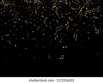 Music notes flying on black abstract vector musical background. Gold music symbols flying, musical notation. Isolated notes symbols.
