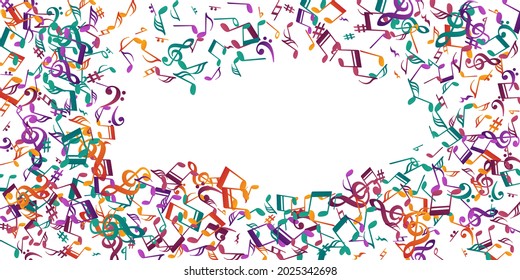 Music notes flying vector backdrop. Melody notation elements swirling. Jazz music concept. Retro notes flying signs with sharp. Album cover background.