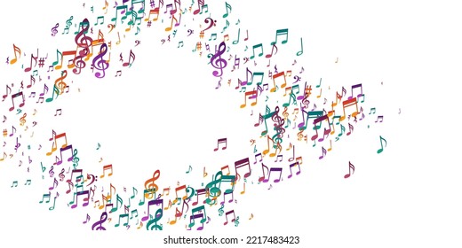 Notas musicales sobre el fondo del vector volador. Los elementos de notación sinfónica estallan. El concepto de música jazz. Notas creativas de elementos voladores con elementos planos. Diseño gráfico de portada del álbum.