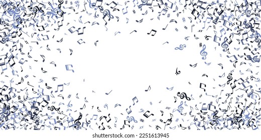 Music notes flying vector backdrop. Melody notation elements burst. Jazz music concept. Retro notes flying signs with sharp. Birthday card background.