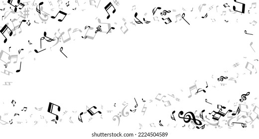 Music notes flying vector background. Melody recording elements burst. Festival music concept. Grunge notes flying elements with pause. Birthday card graphic design.