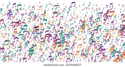 Music notes flying vector background. Song notation signs placer. Digital music illustration. Vintage notes flying silhouettes with bass clef. Album cover backdrop.