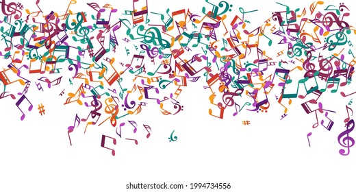 Music notes flying vector design. Song notation signs explosion. Party music wallpaper. Creative notes flying silhouettes with pause. Banner backdrop.